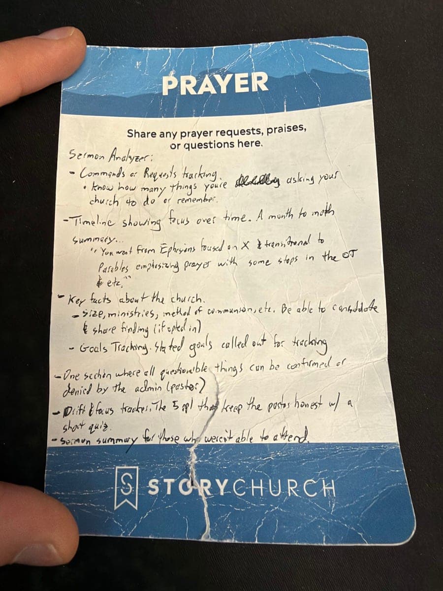 A Story Church prayer card with handwritten notes headed Sermon Analyzer